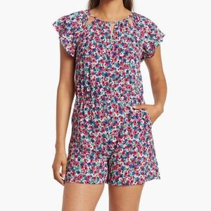 London Times Floral Keyhole Short Sleeve Romper (Petite)
